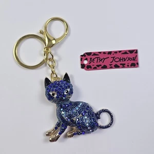 Betsey Johnson funkelnd blau Strass Mosaik Katze Tasche Swag Schlüsselanhänger Clip Anhänger - Bild 1 von 3