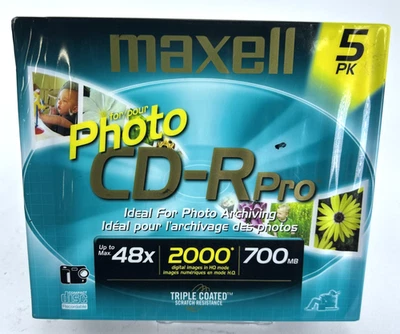 MAXELL Photo CD-R Pro, 48x, 2000 Digital Images, 700MB, 5 Pack Brand New Sealed - Image 1 of 4