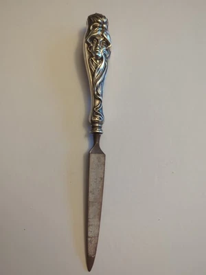 Antigua lima de uñas Art Nouveau cara de mujer, mango de plata de ley 7 3/4 pulgadas Foto 1 de 4