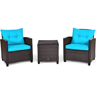 Juego de muebles de ratán para patio Patiojoy de 3 piezas sofá de conversación acolchado turquesa Foto 1 de 4