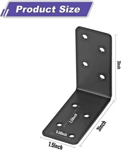 12pcs 3x3x1.5in Heavy Duty Steel L Brackets Black 90° Right Angle Corner Brace - Picture 1 of 6