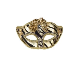 Mardi Gras Mask Blk/Gold Metallic Zebra Stripe Eye Mask With Attached Headband - Picture 1 of 1