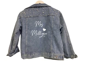 Personalised Mrs (your name) print wedding bridal denim jacket with pearl detail - Picture 1 of 1