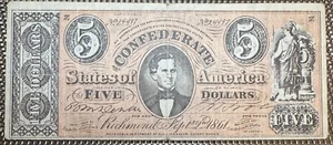 BILLET DE 5 DOLLARS ÉTATS CONFÉDÉRÉS D'AMÉRIQUE VINTAGE FAC-SIMILÉ- (BILL 195) - Picture 1 of 2