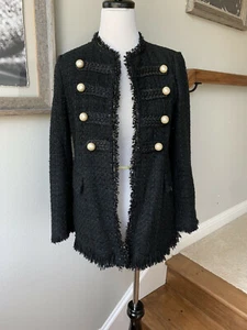 A947 ZARA CHAQUETA BLAZER NEGRA MILITAR PERLAS DESHILACHADAS TWEED ABRIGO MEDIANO - M - Imagen 1 de 20