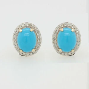 Solid 14K Yellow Gold Over 5CT Oval Turquoise & Lab Diamond Halo Stud Earrings - Picture 1 of 6