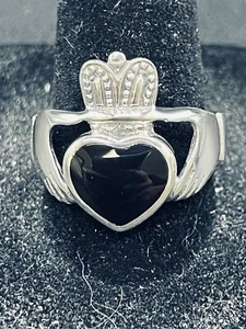 Anillo Claddaugh de Ónix Caballeros Plata de Ley Nuevo Estado Talla 9.50 - Imagen 1 de 9