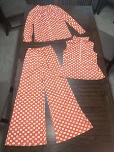 Vintage Orange w/White Polka Dot 3 Piece Suit Bell Bottoms/Tank/Button Up Shirt - Picture 1 of 24