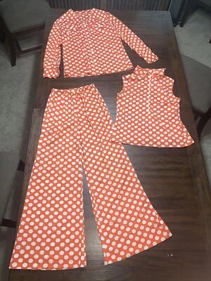Vintage Orange w/White Polka Dot 3 Piece Suit Bell Bottoms/Tank/Button Up Shirt - Image 1 of 4