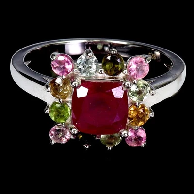925 Sterling Silver Ring Cushion Ruby 6mm Tourmaline Gemstone Jewelry Size 8 - Image 1 of 4