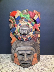 Mexikanische Kunst Maya Azteken Holzmaske handgeschnitzt & bemalt 13x7 Volksdekor - Bild 1 von 17