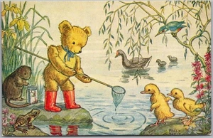 Artist-Signed MOLLY BRETT Postcard "Caught a Tadpole, Teddy?" Medici Soc. Pk 353 - Picture 1 of 2