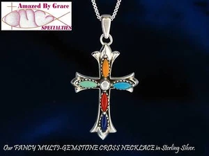 Colgante Cruz Con Turquesa, Lapis & Coral Piedras Preciosas Maciza Plata de Ley - Imagen 1 de 9