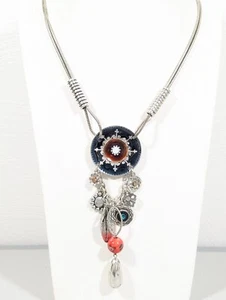 Boho Blue Brown Medallion Feather Flower Charm Pendant Necklace Silver Tone 21" - Picture 1 of 10