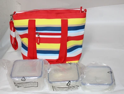 Lock n Lock Lunch Box Set 3 Food Storage Containers Insulated Bag Tote red blue - Image 1 of 4