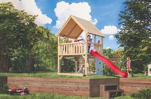 Spielturm mit Rutsche rot Stelzenhaus Spielhaus Luis natur viel Zubehör Karibu - Bild 1 von 13