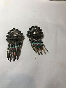 Sterling Silver QT Native American Quoc Sun Chief Multi Bead Dangle Earrings 