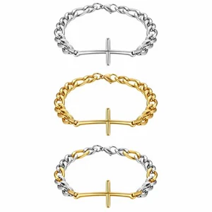 Fashion Women Smooth Stainless Steel Figaro Cross Chain Bracelet Cuff Wristband - Picture 1 of 23