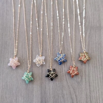 Stars Wire Wrapped Crystal Necklace UK Gold Colour  Stone Natural - Image 1 of 4