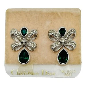 Vintage Christian Dior Knot Bow Crystals Emerald Water Drop Clip Earrings 1980s - Picture 1 of 22