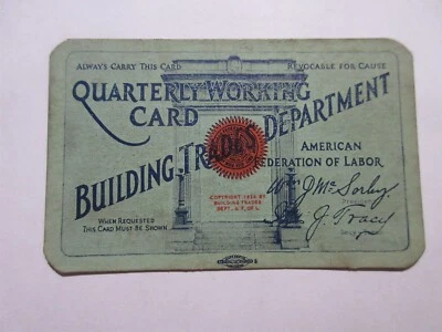 1927 Building Trades Department Quarterly Working Card Passaic NJ March 31 - Image 1 of 3