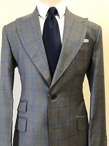 Grey/blue Super 150 Cerrutti Windowpane Wide Peak Lapel Wool Suit Made In Italy - Picture 1 of 7