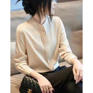 Real Silk Shirt Women's Long Sleeved New Solid Color Stand Up Collar Loose Shirt - Picture 1 of 30