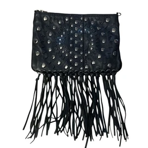 Rebecca Minkoff Nieten Fransen Crossbody Clutch Tasche Leder Schwarz - Bild 1 von 4