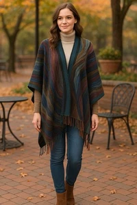 Rhonda start Italian Knit Multicolor Fringe Poncho Shawl Wrap Boho Art To Wear - Picture 1 of 6