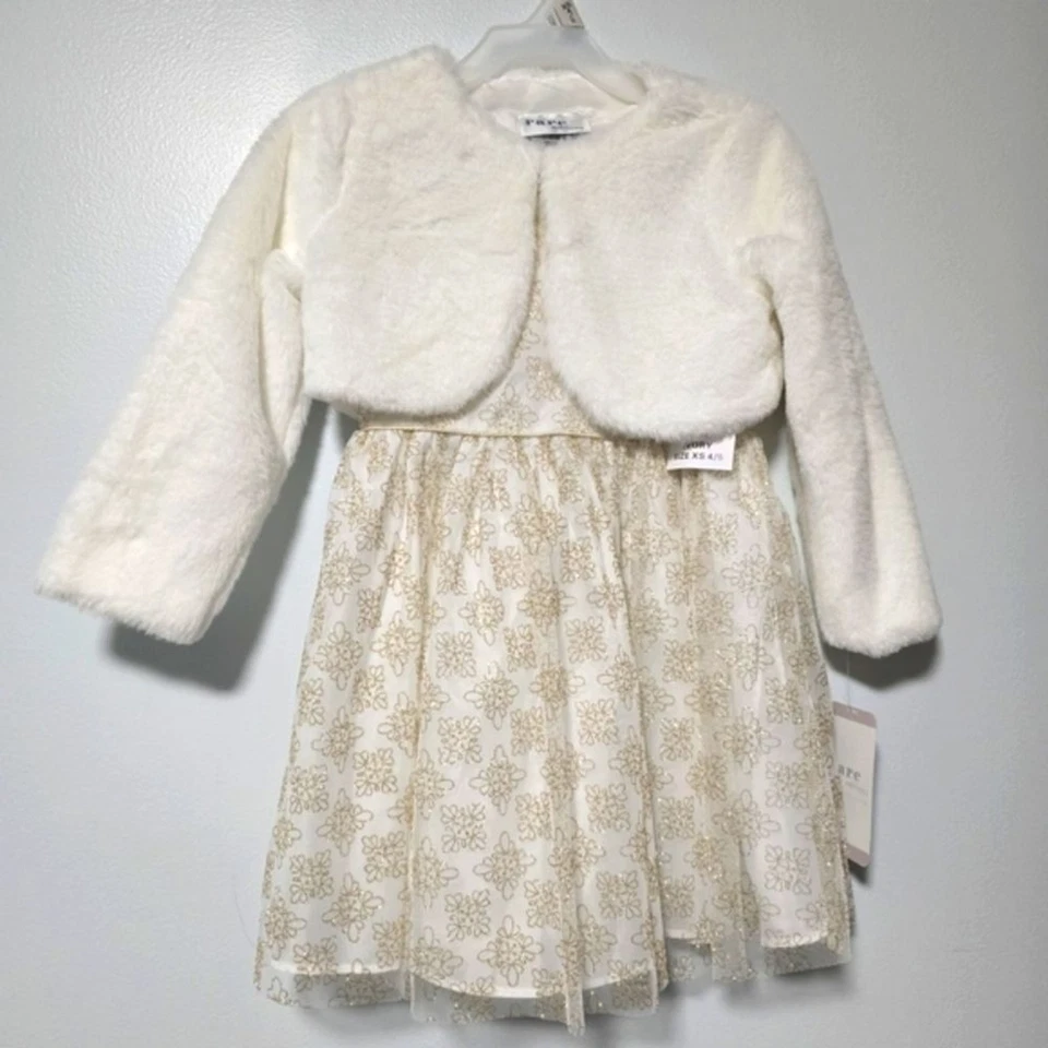 Vestido feminino tamanho 4/5 edições raras marfim e dourado e conjunto de jaqueta de pele sintética - Imagem 1 de 4