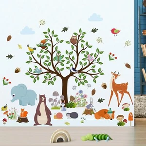 Jungle Animals Wall Decal Large Green Tree Wall Stickers Forest Animal Elepha... - Picture 1 of 8