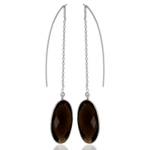 Sterling Silver Large Oval Brown Faceted Hoop Wire Gemstone Long Chain Earrings - Picture 1 of 6