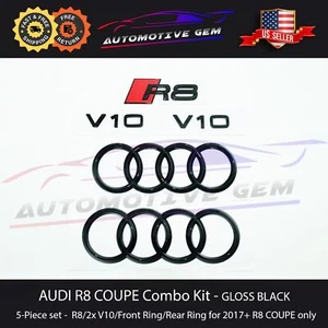 AUDI R8 Emblem BLACK Hood Trunk Ring V10 Rear Logo Badge COUPE SPYDER Combo Set - Picture 1 of 9