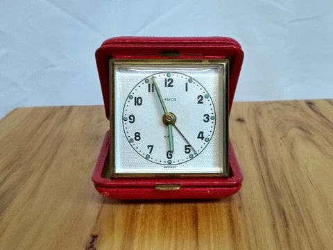 Vintage 1950's Orbros B-100 Traveler Folding Alarm Clock Red Case Luminous Dot Cover