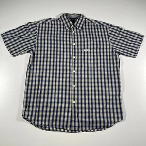 Guess Button Down Shirt Mens L Blue Yellow Plaid Checkered Cotton Short Sleeve - Picture 1 of 8