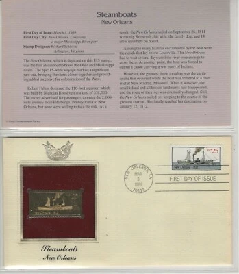 EE. UU. 1989 (5) DIFERENTES CUBIERTAS PRIMER DÍA SELLO DE LÁMINA DE ORO Y TARJETAS BARCOS DE VAPOR Foto 1 de 4