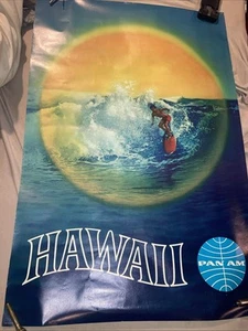 "Póster original 1970 vintage Hawaii Pan AM avión viajes surf turismo 42""x28" - Imagen 1 de 24