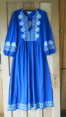 BNWT Boden Embroidered Notch Neck Dress Sz 10 R, Bright Blue & Ivory - Image 1 of 4
