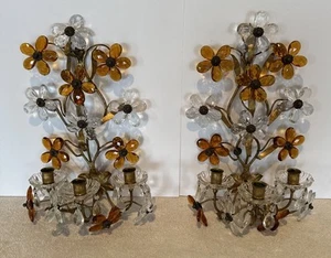 Sconces Candlestick Glass Daisy Flowers Bagues Glass MCM Pair of Wall Hanging - Picture 1 of 15