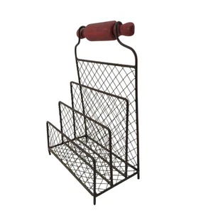 Vtg Letter Holder Rustic Metal Mesh Farmhouse Wood Handle - Picture 1 of 12
