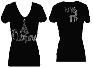 ALL STRASS WEIHNACHTSBAUM RENTIER V-AUSSCHNITT KURZARM BLING T-SHIRT - Bild 1 von 3