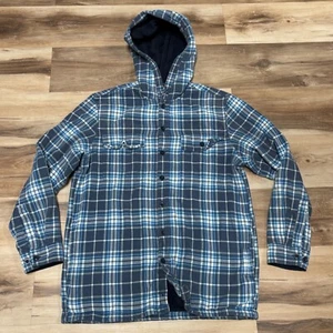 Camicia LL Bean flanella uomo media con cappuccio blu a quadri foderata in pile tasche 298193 - Foto 1 di 10