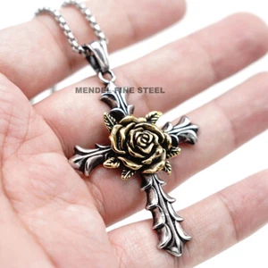MENDEL Gothic Mens Womens Christian Rosicrucian Rose Cross Pedant Necklace Chain - Picture 1 of 8