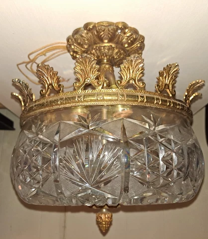 Vintage Mid Century Glass Crystal Bowl Semi Flush Ceiling Light Made In Portugal Cover