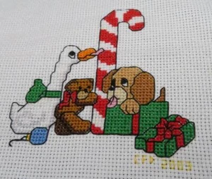 Finished UNFRAMED Xmas Goose CANDY CANE Puppy CROSS STITCH Whimsy Silly Retro - Picture 1 of 3