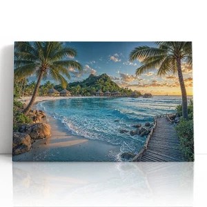 Tropical Beach Canvas Print Wall Art – Palm Trees & Ocean Sunset Overwater Decor - Picture 1 of 10