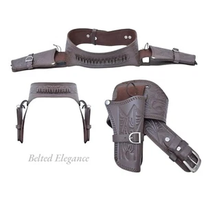 Vaquero Western Revólver Doble Pistola Funda Cinturón Marrón Cuero Genuino Repujado - Imagen 1 de 7