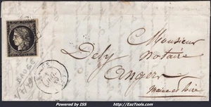 FRANCE CERES 20c N°3 SUR LETTRE GRILLE + CAD TYPE 15 BAUGÉ DU 01/07/1849 - Picture 1 of 2