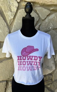 Womens White Cropped T Shirt Top Size Small "Howdy, Howdy" Graphics Excellent - Picture 1 of 6