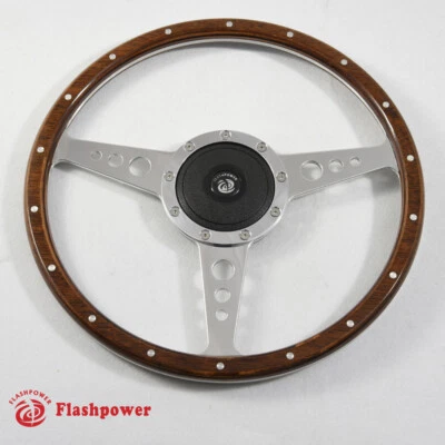 16" Classic Riveted Wood Steering Wheel Horn Button MGTriumph Jaguar Marine Boat - Image 1 of 4